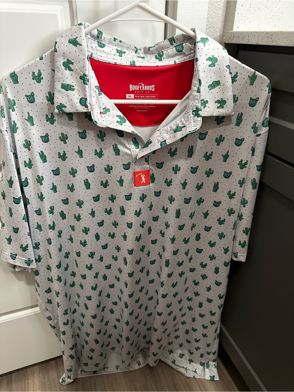 Bogey Bros Men’s Light Gray Polo with Green Cactus Print